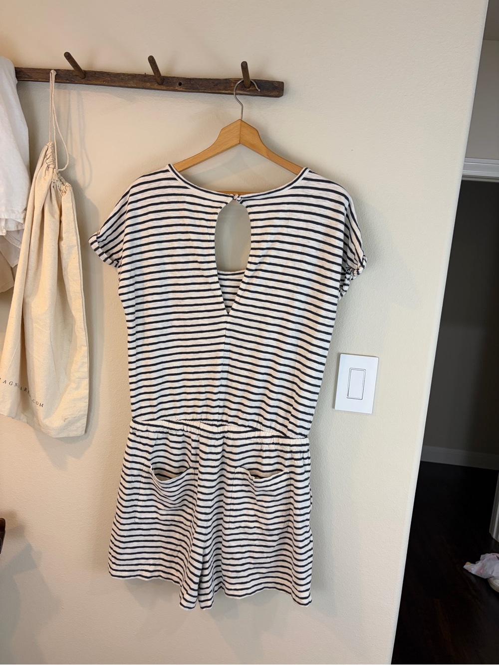 Lou & Grey by LOFT Romper Medium Gray White Drawstring Cutout Back - Picture 5 of 6